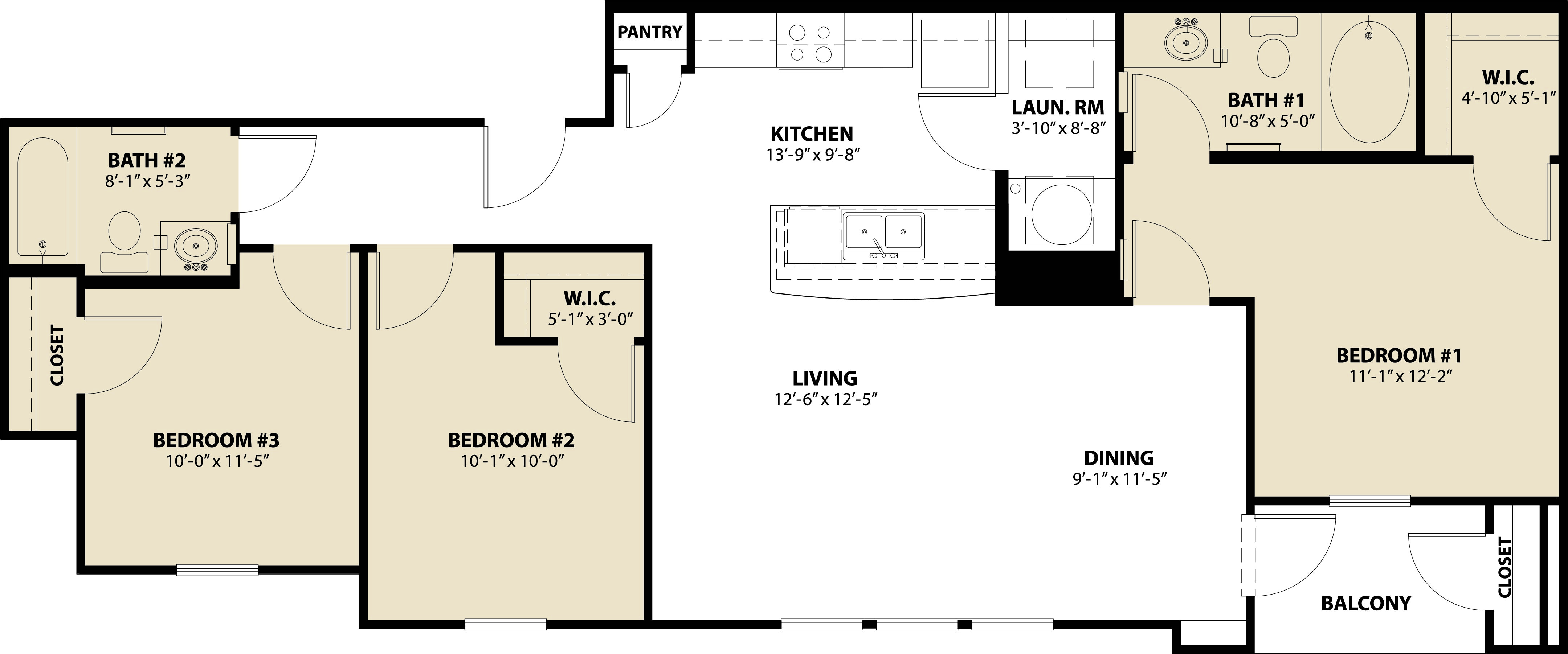 Floor plan for 3 beds, 2 baths, 1083 sqft